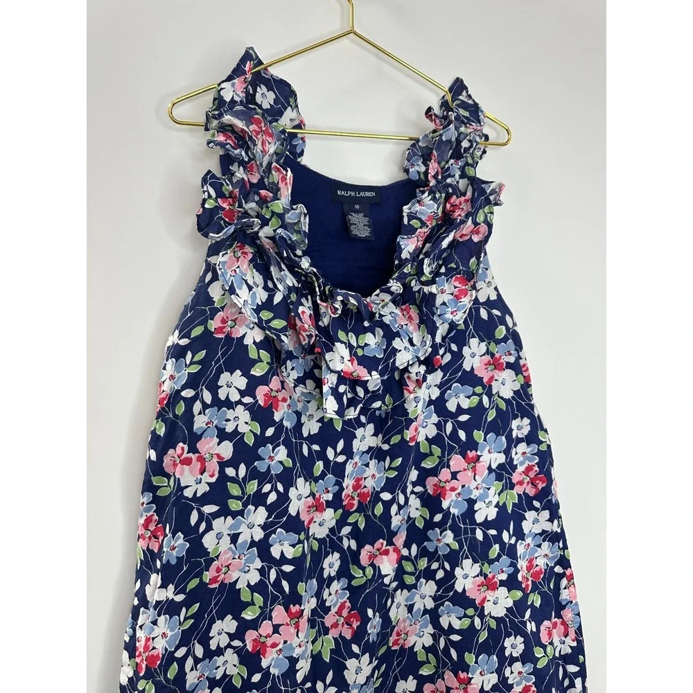 Ralph Lauren Girls Navy Blue Pink Floral Ruffle Cotton Sundress Size 16 Kids